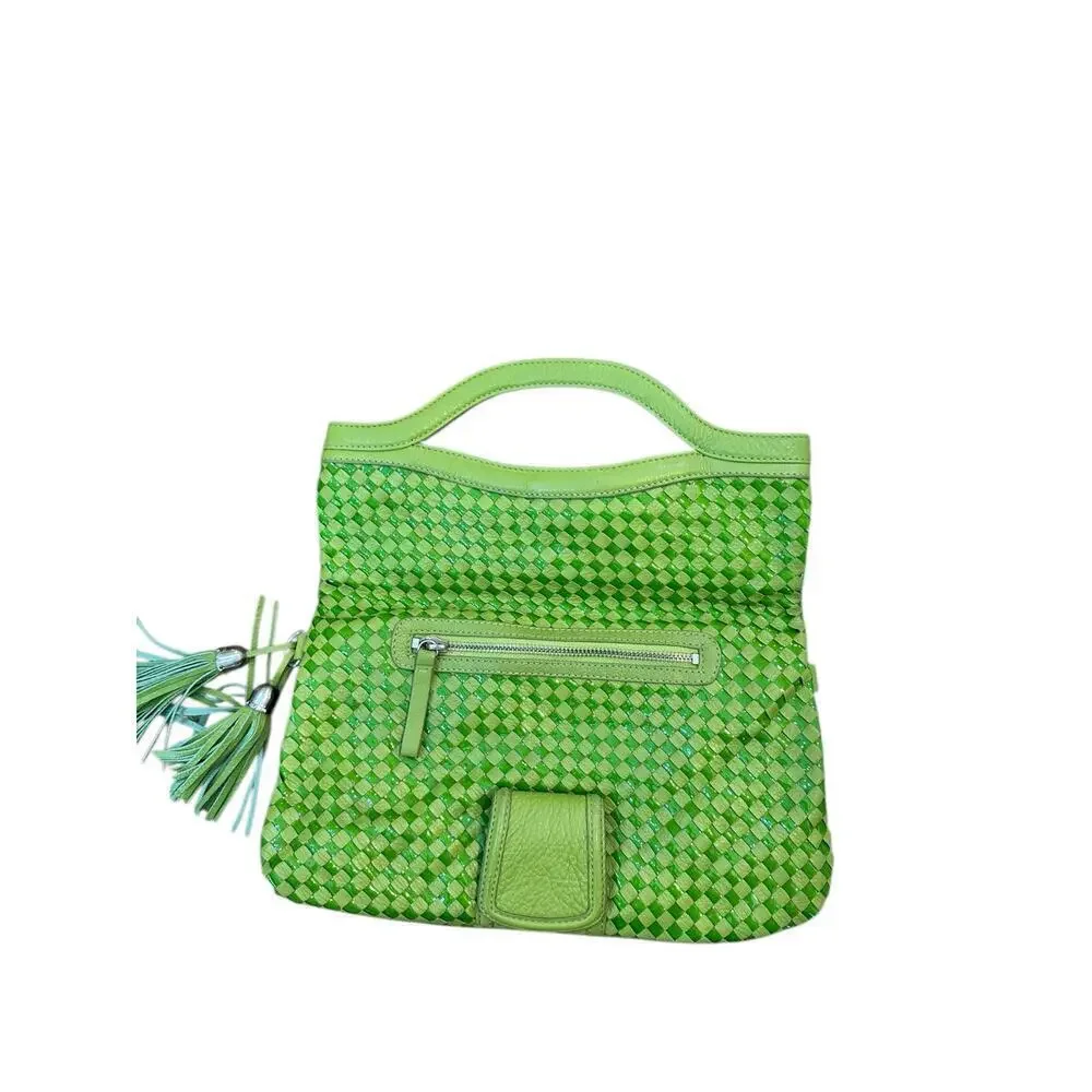 Elliott Lucca Women's Green Woven Leather Vinyl Foldover Satchel Shoulder Bag